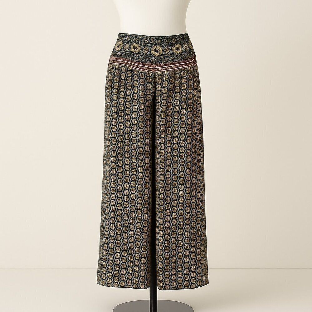 Anthropologie Aria Wide Leg Palazzo Pants Green Medallion Floral Size Small